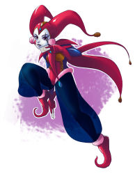 Rule 34 | 1girl, bell, card, chrono (series), chrono cross, facepaint, forehead jewel, gloves, greenmarine, harem pants, harlequin, hat, jester cap, leotard, lips, nose, pants, pointy footwear, red eyes, red footwear, red leotard, see-through, shoes, smile, solo, teardrop tattoo, harle (chrono cross)