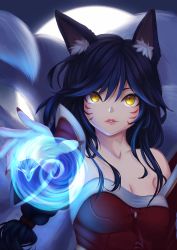 Rule 34 | 1girl, ahri (league of legends), akashasi, animal ears, bare shoulders, blush, breasts, cleavage, collarbone, fox ears, fox tail, highres, large breasts, league of legends, long hair, looking at viewer, nail polish, parted lips, red nails, smile, solo, tail, upper body, yellow eyes