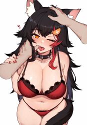 Rule 34 | 1boy, 1girl, animal ear fluff, animal ears, black hair, blush, bra, breasts, cleavage, collar, disembodied hand, drooling, female pubic hair, finger in another&#039;s mouth, hand on another&#039;s head, headpat, heart, highres, hololive, lace, lace-trimmed bra, lace trim, large breasts, lingerie, long hair, looking at viewer, multicolored hair, navel, one eye closed, ookami mio, open mouth, panties, pubic hair, pubic hair peek, red bra, red hair, red panties, saliva, solo focus, spiked collar, spikes, streaked hair, tail, tongue, tongue out, underwear, underwear only, variant set, varniskarnis, virtual youtuber, wolf ears, wolf girl, wolf tail