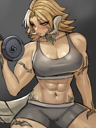 Rule 34 | 1girl, abs, absurdres, arm at side, bare shoulders, biceps, blonde hair, breasts, cleavage, commentary, commission, copyright request, cowboy shot, dumbbell, english commentary, exercise, ezzydraws, final fantasy, final fantasy xiv, flipped hair, grey background, grey shorts, grey sports bra, half-closed eyes, highres, horns, large breasts, looking to the side, midriff, muscular, muscular female, navel, orange eyes, parted lips, shiny skin, short shorts, shorts, simple background, solo, sports bra, stomach, sweat, warrior of light (ff14), weightlifting