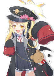 1girl :d absurdres arm_up black_hat black_jacket black_skirt black_vest blonde_hair bloomers blue_archive blush bow braid demon_tail demon_wings fang hair_ornament halo hat hat_ornament heart heart_hat_ornament highres ibuki_(blue_archive) jacket medal medium_hair military_hat military_jacket neck_ribbon nisan_ga6 open_clothes open_jacket open_mouth pink_bow red_ribbon ribbon shirt sidelocks skirt smile stuffed_animal stuffed_toy tail underwear vest white_bloomers white_shirt wings yellow_eyes yellow_halo