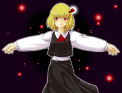Rule 34 | 1girl, blonde hair, blue days, embodiment of scarlet devil, female focus, hair ribbon, necktie, outstretched arms, red eyes, ribbon, rumia, short hair, solo, spread arms, touhou, tsukinami, tsukinami kousuke