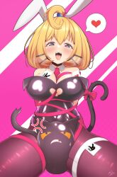 Rule 34 | 1girl, ace (playing card), ace of hearts, ahoge, anger vein, animal ears, ball, bare shoulders, bdsm, between thighs, blonde hair, blush, bondage, bound, bow, breasts, card, cat ears, cat tail, cleavage, cleavage cutout, clothing cutout, crushing, drooling, green eyes, hair between eyes, hair ornament, hairclip, heart, heart-shaped pupils, highleg, highleg leotard, highres, joker (playing card), large breasts, leg strap, leotard, looking at viewer, lucie (millie parfait), millie parfait, mizmillificent, naughty face, nijisanji, nijisanji en, playboy bunny, playing card, rabbit ears, rabbit hole (vocaloid), ribbon, signature, solo, solo focus, steam, symbol-shaped pupils, tail, teeth, thick thighs, thighs, tie clip, tongue, two-tone background, virtual youtuber