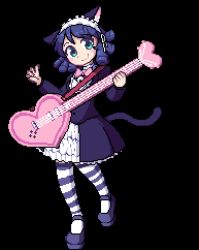 Rule 34 | 10s, 1girl, animal ears, animated, animated gif, bell, blue hair, blush, bow, cat ears, cat tail, curly hair, cyan (show by rock!!), full body, green eyes, guitar, hairband, instrument, lolita fashion, lolita hairband, looking at viewer, lowres, maid, open mouth, pixel art, show by rock!!, smile, solo, strawberry heart (show by rock!!), striped clothes, striped thighhighs, tail, thighhighs, transparent background, white background