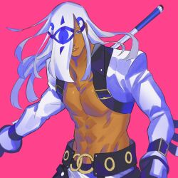 Rule 34 | 1boy, blue eyes, cue stick, dark-skinned male, dark skin, guilty gear, guilty gear xrd, guilty gear xx, hair over one eye, highres, holding cue stick, long hair, long sleeves, looking at viewer, luci omi gusu, male focus, pectorals, pink background, simple background, venom (guilty gear), white hair