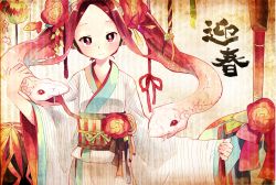 Rule 34 | 10s, 1girl, 2013, bad id, bad pixiv id, chibiibiru, chinese zodiac, flower, hair flower, hair ornament, highres, japanese clothes, kimono, long hair, new year, obi, original, red eyes, red hair, sash, snake (chinese zodiac), snake hair, solo, translation request, wide sleeves
