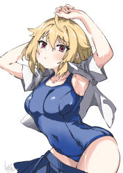 Rule 34 | 1girl, ahoge, armpits, arms up, blonde hair, blush, breasts, closed mouth, collarbone, covered navel, cowboy shot, dot nose, flipped hair, hair between eyes, ibuki tsubasa, idolmaster, idolmaster million live!, idolmaster million live! theater days, large breasts, looking at viewer, loose skirt, mitogawawataru, open clothes, open shirt, pleated skirt, red eyes, school swimsuit, shirt, short hair, shy, sidelocks, signature, simple background, skirt, solo, swimsuit, wet, white background, white shirt