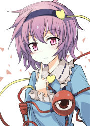 Rule 34 | 1girl, blue shirt, blush, commentary request, eyeball, finger to mouth, frilled shirt collar, frills, hairband, heart, index finger raised, komeiji satori, long sleeves, looking at viewer, pink eyes, purple hair, shirt, short hair, smile, solo, suichuu hanabi, third eye, touhou, upper body, wide sleeves