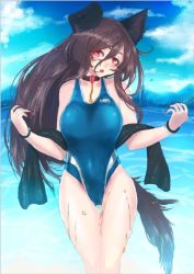 Rule 34 | 1girl, animal ears, bare shoulders, beach, blue sky, bracelet, breasts, brown hair, cloud, collar, competition swimsuit, day, fangs, imaizumi kagerou, jewelry, long hair, looking at viewer, one-piece swimsuit, open mouth, outdoors, panzer (p.z), red eyes, sky, smile, solo, standing, swimsuit, tail, thigh gap, touhou, towel, water, wet, wolf ears, wolf tail