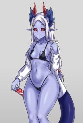 Rule 34 | 1girl, bikini, black bikini, black sclera, blush, breasts, can, collarbone, colored sclera, commentary, demon (monster girl encyclopedia), demon girl, demon horns, grey background, highleg, highleg bikini, highres, holding, holding can, horns, long hair, long sleeves, looking away, low-tied long hair, monster girl encyclopedia, nav (itsnav), navel, off shoulder, pointy ears, red eyes, shirt, silver hair, simple background, small breasts, smile, solo, stomach, swimsuit, tail, white shirt