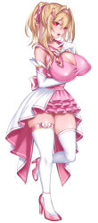 Rule 34 | 1girl, arm under breasts, blonde hair, blush, breasts, bright pupils, brooch, cleavage, covered erect nipples, elbow gloves, full body, gloves, heart, heart brooch, high heels, highres, jewelry, large breasts, looking at viewer, magical girl, open mouth, original, ponytail, red eyes, ruuku (azukieru), short hair, short hair with long locks, skindentation, solo, thighhighs