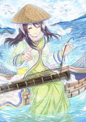 1girl bamboo_craft bird china_comic chinese_clothes dress fisheye fishing_rod green_dress happy hat highres jing_clothes long_sleeves ocean original partially_submerged sky smile solo water zither