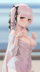 Rule 34 | 1girl, azur lane, blush, breasts, cleavage, dolri, formidable (azur lane), grey hair, highres, large breasts, long hair, looking at viewer, red eyes, ribbon, solo, twintails, two-tone ribbon