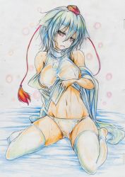 Rule 34 | 1girl, absurdres, animal ears, bad id, bad pixiv id, bare shoulders, blush, breasts, colored pencil (medium), detached sleeves, female focus, hat, highres, inubashiri momiji, kitazinger, large breasts, navel, open mouth, panties, red eyes, see-through, shirt, short hair, solo, tail, thighhighs, tokin hat, touhou, traditional media, underwear, wet, wet clothes, wet panties, wet shirt, white hair, white panties, white thighhighs, wolf ears, wolf tail