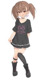 Rule 34 | 1girl, absurdres, black choker, black footwear, black shirt, black thighhighs, blush, boots, brown eyes, brown hair, choker, cross-laced footwear, dot nose, earrings, female focus, full body, heart, heart aglet, heart earrings, heart print, highres, jewelry, lace-up boots, leg belt, licking lips, looking at viewer, making-of available, original, renga (yakihebi), shirt, simple background, single earring, single thighhigh, skirt hold, solo, standing, thighhighs, tongue, tongue out, twintails, white background, yakihebi
