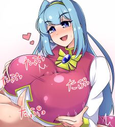 Rule 34 | 1boy, 1girl, absurdres, blue eyes, blue hair, blush, breasts, breasts squeezed together, clothed paizuri, dress, estpolis denki, grabbing, grabbing own breast, hairband, heart, highres, huge breasts, jewelry, long hair, lufia, motion lines, naughty face, necklace, norori, open mouth, paizuri, paizuri under clothes, penis, puffy sleeves, sweat, tia (estpolis denki)