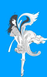 Rule 34 | 1girl, ballerina, ballet slippers, blue background, closed mouth, dot mouth, dress, empty eyes, expressionless, frilled dress, frills, full body, greyscale with colored background, highres, kneehighs, long hair, looking at viewer, mochu (aoishikabane), original, simple background, socks, solo, standing, standing on one leg, swirl