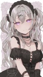 Rule 34 | 1girl, black dress, breasts, character request, cleavage, copyright request, dress, goth fashion, gothic lolita, grey hair, highres, lolita fashion, long hair, medium breasts, nobusawa osamu, purple eyes, solo, two side up