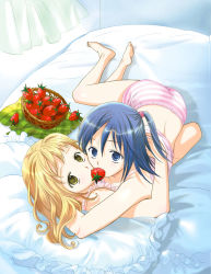 Rule 34 | 2girls, barefoot, basket, bed, blonde hair, blue hair, camisole, food, fruit, lingerie, looking at viewer, mouth hold, multiple girls, ooshima towa, original, panties, pillow, pink panties, shared food, side ponytail, strawberry, striped clothes, striped panties, underwear, underwear only, yuri