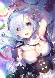 Rule 34 | 1girl, :d, air bubble, apple caramel, arm up, bare shoulders, black bow, blue eyes, blue hair, bow, breasts, bubble, cleavage, corset, detached collar, detached sleeves, flower, flower knot, from above, hair ornament, hair over one eye, hair ribbon, hairband, hairclip, highres, looking at viewer, lying, medium breasts, on back, open mouth, purple ribbon, re:zero kara hajimeru isekai seikatsu, rem (re:zero), ribbon, rose, short hair, single detached sleeve, smile, solo, upper body, white bow, x hair ornament