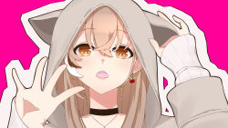 Rule 34 | 1girl, absurdres, animal hood, black choker, brown eyes, brown hair, brown hoodie, choker, crossed bangs, ears through headwear, fang, highres, hololive, hololive english, hood, hood up, hoodie, jewelry, long hair, looking at viewer, multicolored hair, nanashi mumei, nanashi mumei (casual), necklace, official alternate costume, open mouth, pink background, sayo0692, sleeves past wrists, streaked hair, sweater, virtual youtuber, white sweater, wide sleeves