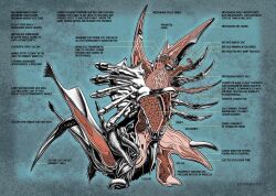 Rule 34 | alien, anatomy, arrow films, arrow video, biology, brain, bug, cecum, chart, compound eyes, cross-section, daiei film, diagram, egg, english text, gamera (series), gamera 2: advent of legion, giant, giant monster, green background, heart, horns, jolyon yates, kadokawa, kaijuu, legion (gamera), monster, official art, organs, ovary, science, science fiction, simple background, space monster, tail, tentacles, x-ray