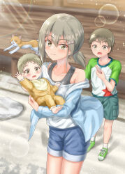 Rule 34 | 1girl, 2boys, :d, absurdres, animal, bare shoulders, bib, blue shorts, blush, brown eyes, brown hair, cat, collarbone, curtains, flower, folded ponytail, hair between eyes, hair flower, hair ornament, hairclip, highres, holding, holding baby, jacket, lens flare, long hair, looking at viewer, low ponytail, masamune mino, minowa gin, multiple boys, off shoulder, open mouth, ponytail, shirt, shoes, short hair, shorts, smile, sneakers, socks, sparkle, twintails, washio sumi wa yuusha de aru, white shirt, yuusha de aru