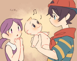 Rule 34 | 1boy, 1girl, black hair, brown background, collared shirt, doll, holding, holding doll, looking at doll, mimmie (mother), mother (game), mother 1, musical note, neckerchief, ninten, nintendo, purple eyes, purple hair, purple shirt, red headwear, red neckerchief, shifumame, shirt, short hair, short sleeves, sideways hat, striped clothes, striped shirt, surprised