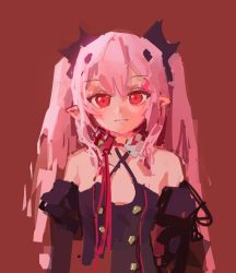 Rule 34 | 1girl, bad id, bad twitter id, black dress, buttons, closed mouth, detached sleeves, dress, hair between eyes, krul tepes, looking at viewer, no lineart, owari no seraph, pink hair, pointy ears, red background, red eyes, red ribbon, reddizen, ribbon, sidelocks, sketch, solo, two side up, upper body