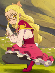 Rule 34 | 1girl, black pantyhose, blonde hair, bow, capelet, emily (mahou girls precure!), glasses, hair bow, haruyama kazunori, long hair, mahou girls precure!, orange bow, pantyhose, pink skirt, precure, round eyewear, skirt, solo, squatting, yellow eyes