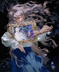 Rule 34 | 1girl, absurdres, black background, blue nails, blue skirt, brown hair, closed eyes, dizi930, drawing (object), earrings, flower, highres, holding hands, jewelry, long hair, long sleeves, nail polish, original, picture frame, shirt, skirt, solo, white shirt