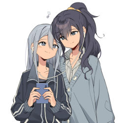 Rule 34 | 2girls, asahina mafuyu, buttons, cardigan, cellphone, closed mouth, collarbone, earphones, eighth note, grey cardigan, grey eyes, grey hair, grey jacket, holding, holding phone, jacket, long hair, long sleeves, multiple girls, musical note, namgic, phone, ponytail, project sekai, purple hair, shared earphones, simple background, smartphone, smile, symbol-only commentary, track jacket, upper body, white background, yoisaki kanade, yuri