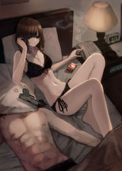 Rule 34 | 1boy, 1girl, absurdres, bed, black bra, black panties, blood, bra, breasts, brown eyes, brown hair, cellphone, cigarette, cigarette pack, cleavage, commentary, corpse, covered face, cross, cross necklace, death, english commentary, expressionless, gun, handgun, hashimoto kokai, highres, holding, holding cigarette, jewelry, lace, lace-trimmed bra, lace-trimmed panties, lace trim, magazine (weapon), medium breasts, medium hair, murder, muscular, muscular male, navel, necklace, nipples, on bed, original, panties, pectorals, phone, pillow, pistol, side-tie panties, smoke, smoking, solo focus, talking on phone, topless male, underwear, underwear only, weapon
