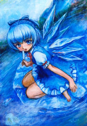 Rule 34 | 1girl, blue dress, blue eyes, blue hair, blue skirt, blue sky, blush, bow, cirno, dress, food, hair bow, ice, ice block, ice cream, lake, looking at viewer, matching hair/eyes, md5 mismatch, mountain, oil painting (medium), open mouth, painting (medium), popsicle, resolution mismatch, shirt, short hair, short sleeves, sitting, skirt, sky, solo, source larger, tafuto, touhou, traditional media, wariza, water, wings
