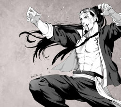 Rule 34 | 1boy, abs, alternate costume, bare pectorals, black eyes, claw pose, fighting stance, foxvulpine, greyscale, jabra (one piece), jacket, long hair, male focus, monochrome, muscular, one piece, open clothes, open jacket, pectorals, ponytail, scar, scar across eye, scar on face, smile, solo, spread legs