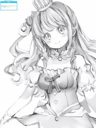 Rule 34 | 1girl, bow, bracelet, breasts, candy hair ornament, crown, detached sleeves, dress, food-themed hair ornament, frilled dress, frills, greyscale, hair bow, hair ornament, hair rings, highres, himemori luna, himemori luna (1st costume), hololive, jewelry, long hair, looking at viewer, medium breasts, monochrome, nanashi (nlo), short sleeves, sidelocks, simple background, smile, solo, virtual youtuber, white background