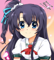 Rule 34 | 1girl, black hair, blue eyes, blush, breasts, closed mouth, commentary request, dated, highres, long hair, looking at viewer, lyrical nanoha, mahou shoujo lyrical nanoha vivid, san-pon, side ponytail, signature, small breasts, smile, solo, upper body, vivid strike!, yumina enclave