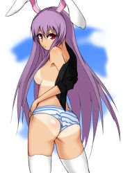 Rule 34 | 1girl, animal ears, anzuu, ass, blue striped panties, breasts, female focus, long hair, looking back, no bra, no pants, open clothes, open shirt, panties, purple hair, rabbit ears, red eyes, reisen udongein inaba, shirt, sideboob, sleeves rolled up, solo, striped clothes, striped panties, tan, tanline, thighhighs, touhou, underwear, very long hair, white thighhighs