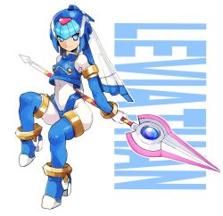 Rule 34 | 1girl, android, blue eyes, blue hair, bodysuit, boots, breasts, character name, closed mouth, commentary, covered navel, full body, gloves, helmet, high heels, highres, holding, holding weapon, invisible chair, fairy leviathan (mega man), looking at viewer, medium breasts, mega man (series), mega man zero (series), polearm, shimosuke, sitting, smile, solo, spear, thigh boots, thighhighs, weapon