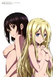 Rule 34 | 2girls, absurdres, avrora florestina, back-to-back, black hair, blonde hair, blue eyes, breast hold, breasts, brown eyes, completely nude, covering privates, covering breasts, furukawa hideki, hair between eyes, highres, himeragi yukina, long bangs, long hair, looking at viewer, medium breasts, medium hair, multiple girls, navel, nipples, nude, nude filter, own hands clasped, own hands together, parted lips, shiny skin, sideboob, simple background, small breasts, strike the blood, teeth, third-party edit, topless, upper body, very long hair, white background