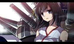 Rule 34 | 10s, 1girl, anime coloring, bad id, bad pixiv id, black eyes, black hair, hair ornament, japanese clothes, kantai collection, letterboxed, machinery, open mouth, sakura (lilak a), short hair, solo, turret, yamashiro (kancolle)