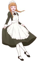 Rule 34 | 1girl, :d, alternate costume, apron, black footwear, black ribbon, black shirt, black skirt, blunt bangs, blush, braid, brown hair, closed eyes, dokidoki! precure, enmaided, facing viewer, floating hair, frilled apron, frills, full body, grey background, highres, long hair, long skirt, long sleeves, maid, maid headdress, neck ribbon, open mouth, pantyhose, precure, ribbon, shirt, simple background, skirt, skirt hold, smile, solo, transparent background, twin braids, unpale, white apron, white pantyhose, yotsuba alice