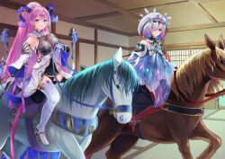 2girls akuru_(akr369akr) bare_shoulders boots breasts circlet crystal curled_horns dress earrings fire_emblem fire_emblem_heroes floating floating_object green_hair hood horns horse horseback_riding jewelry kvasir_(fire_emblem) large_breasts multicolored_hair multiple_girls nerthuz_(fire_emblem) nintendo open_mouth pink_hair ponytail purple_eyes purple_hair red_eyes riding thigh_boots thighhighs two-tone_hair