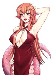 Rule 34 | 1girl, absurdres, breasts, breasts apart, commission, commissioner upload, dress, forked tongue, hair between eyes, hair ornament, highres, jewelry, lamia, lipstick, long hair, looking at viewer, makeup, miia (monster musume), monster girl, monster musume no iru nichijou, moonmirageart, necklace, no bra, pointy ears, red hair, scales, slit pupils, solo, tongue, tongue out, transparent background, wide hips, yellow eyes