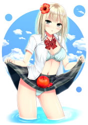 Rule 34 | 1girl, absurdres, aomine flavia, apple, blonde hair, blunt bangs, blush, bow, bow bra, bowtie, bra, breasts, brown eyes, cherry, clothes lift, cloud, cloudy sky, collarbone, collared shirt, contrapposto, cowboy shot, day, dress shirt, eyelashes, flashing, flower, food, fruit, gluteal fold, green panties, green skirt, hair flower, hair ornament, hands up, hibiscus, highres, kurokami (kurokaminohito), lace, lace-trimmed bra, lace-trimmed panties, lace trim, legs apart, lifted by self, long hair, looking at viewer, medium breasts, midriff, miniskirt, navel, open clothes, open shirt, original, panties, pantyshot, plaid, plaid skirt, pleated skirt, print panties, red bow, red bowtie, red flower, shirt, short sleeves, skirt, skirt basket, skirt lift, sky, solo, standing, stomach, underwear, upskirt, white bow, white panties, white shirt