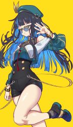 Rule 34 | 1girl, absurdres, bare shoulders, beret, black hair, black shorts, blue hair, blunt bangs, bracelet, breasts, buttons, colored inner hair, double-breasted, ebora, fate/grand order, fate (series), green eyes, green hat, green jacket, hat, highres, jacket, jewelry, long hair, long sleeves, looking at viewer, multicolored hair, neck ring, off shoulder, round eyewear, shorts, small breasts, solo, sunglasses, tenochtitlan (fate), tenochtitlan (second ascension) (fate), thighs, yellow background, zipper
