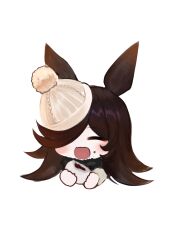 Rule 34 | 1girl, animal ears, baozi, beanie, blush, brown dress, brown hair, closed eyes, commentary request, cropped torso, dokomon, dress, eating, food, food on face, fur collar, hat, highres, holding, holding food, horse ears, korean commentary, long hair, open mouth, rice shower (umamusume), simple background, solo, tilted headwear, umamusume, upper body, white background, white hat