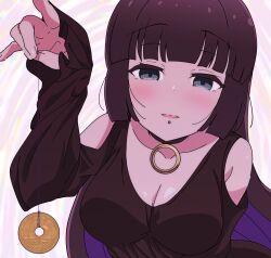 Rule 34 | 1girl, absurdres, aqua eyes, black choker, black dress, black hair, blush, bocchi the rock!, breasts, chin piercing, choker, cleavage, coin, coin on string, colored inner hair, commentary, detached sleeves, dress, goumonsha, highres, hime cut, holed coin, large breasts, long hair, looking at viewer, multicolored hair, pa-san, piercing, purple hair, solo, symbol-only commentary, upper body