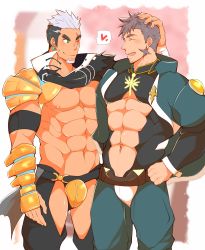 Rule 34 | 2boys, abs, abs cutout, armor, bara, bare pectorals, black hair, blush, clothing cutout, commission, couple, crotchless, crotchless pants, crow (siranui), earrings, facial hair, goatee, green eyes, gyee, hand on another&#039;s head, hand on own hip, heart, highres, jewelry, large pectorals, long sideburns, male focus, multicolored hair, multiple boys, muscular, nipples, pants, pauldrons, pectorals, purple hair, revealing clothes, second-party source, short hair, shoulder armor, sideburns, spoken heart, su (gyee), thick thighs, thigh cutout, thighs, two-tone hair, yan (gyee), yaoi