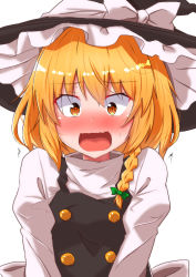 Rule 34 | 1girl, black vest, blonde hair, blush, braid, commentary request, constricted pupils, embarrassed, hair between eyes, hair ribbon, hat, hat ribbon, high collar, highres, kirisame marisa, long sleeves, looking at viewer, medium hair, mukkushi, open mouth, ribbon, shirt, simple background, single braid, solo, touhou, tress ribbon, upper body, vest, white background, white shirt, witch hat, yellow eyes